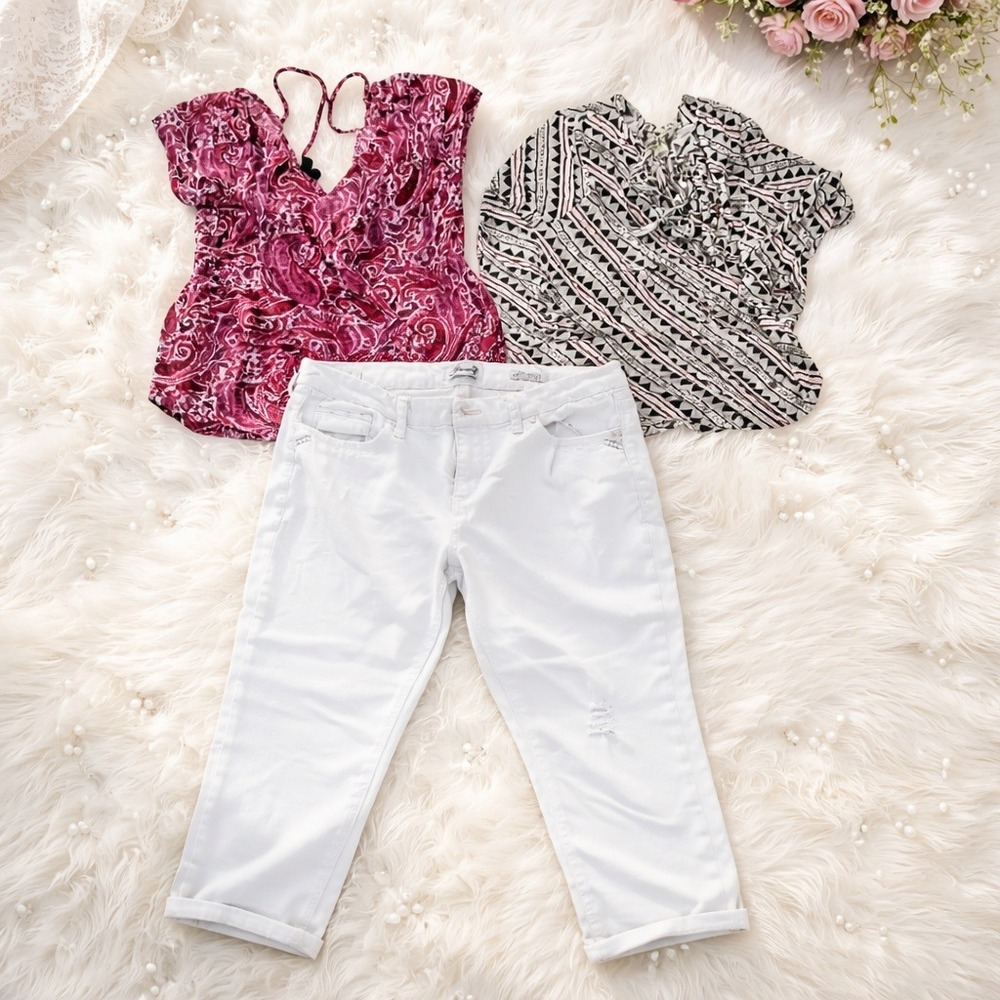 Lucky Brand & Seven Lot of 3 Blouses White Denim Capris Womens Casual Size‎ 12 L